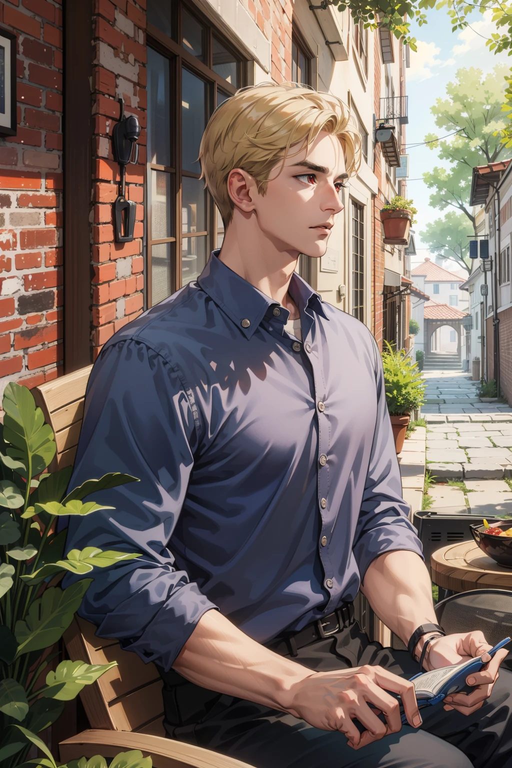 (absurdres, highres, ultra detailed), (1 male, solo, adult, mature, aged up, tall muscular guy, broad shoulders, handsome), blonde hair, red eyes, (angular jaw, thick neck, thick eyebrows), BREAK, best light and shadow, background is back alley, detasiled sunlight, sitting, dappled sunlight, day, plants, summer, depth of field, extremely detailed face, cowboy shot, <lora:handsome_male-02:0.5:0,0,0,0,0,0,0,0,0,1,0,0,0,0,0,0,0>