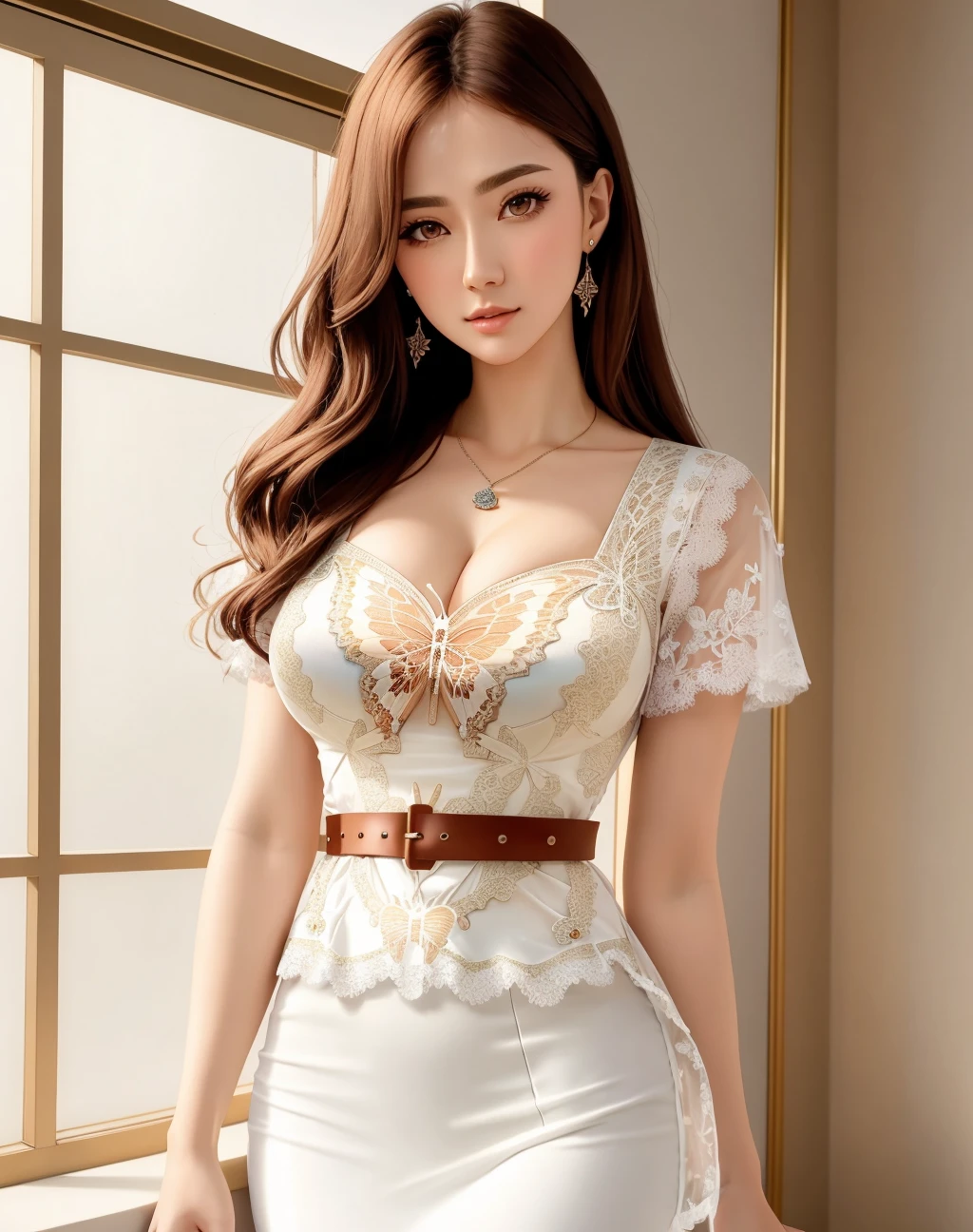 Masterpiece, absurdres,HDR,anime drawing, wallpaper quality ,highly detailed eyes and face, butterfly_top pencil_dress, a woman in a white butterfly_top print pencil dress with a belt , wearing butterfly_top, cowboy shot <lora:butterfly_pencil_dresses:0.7>