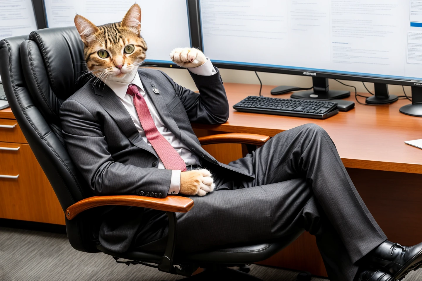 RAW photo of an anthropomorphic cat in a business suit, sitting in an office chair, highly detailed, masterpiece