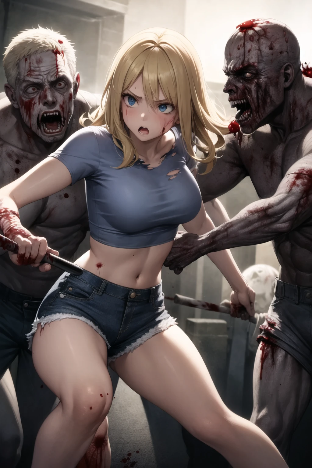 <lora:zombie_v1.3:1>
1girl, denim shorts, crop top, blonde hair, blue eyes, multiple boys, zombie, scared, :o, motion blur, fighting stance, perspective, holding baseball bat, torn clothes, blood, horror \(theme\), attack, hitting, blood splatter, torn shirt, torn shorts, rotting, old,, masterpiece, best quality, highly detailed