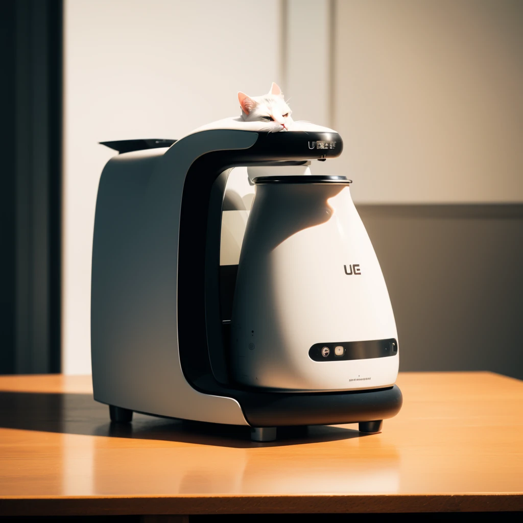 emauromin style, futuristic ((cat-shaped)) coffee maker, retro, gleeful, finely detailed, purism, ue 5, a computer rendering, minimalism, octane render, 4k <lora:eddiemauroLora2:0.8>