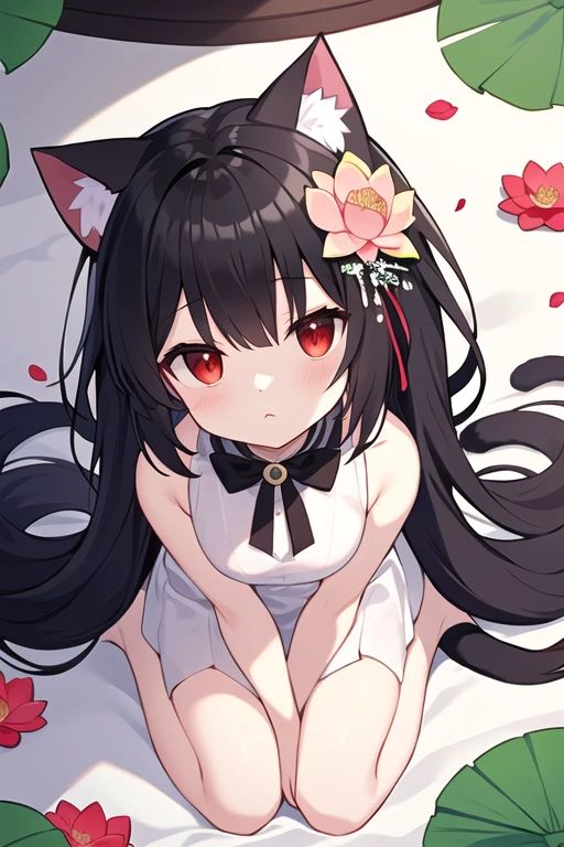 illustration, red eyes, black hair, cat ears, hair flower, lotus, wariza, from above, highres, solo focus,, masterpiece, best quality,