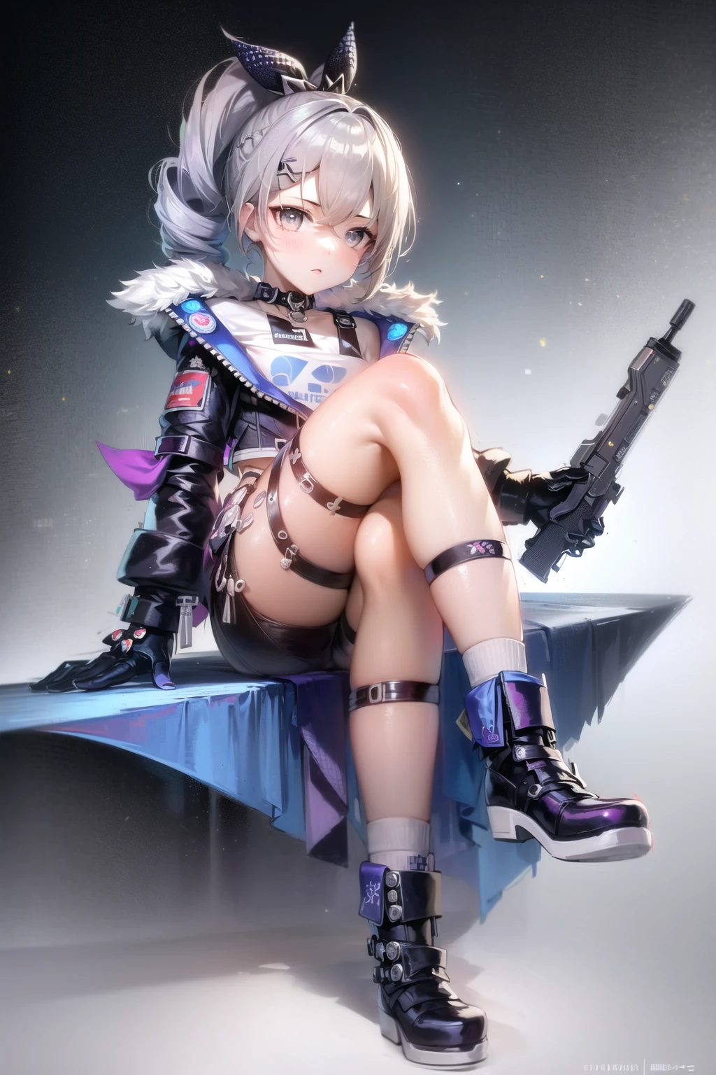 masterpiece, best quality, SilverWolfV4, 1girl, solo, looking at viewer, gloves, jacket, full body, weapon, shorts, black gloves, chibi, black jacket, gun, drill hair, black shorts, crossed legs, holding gun, bullpup