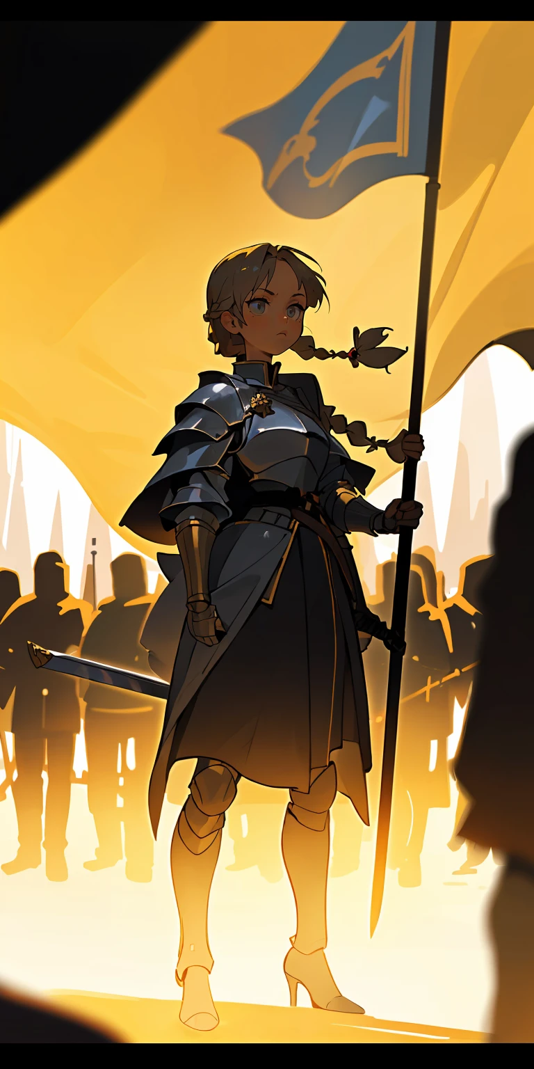 (best quality, masterpiece), 1girl, standing, knight with a sword, Soldiers, Golden City, in crowd, flags, (depth of field:1.3), long hair, braid, (dark photo:1.3)