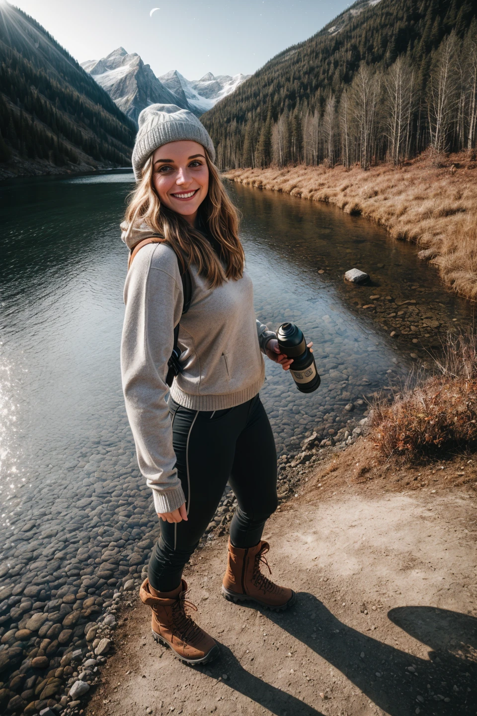 1 woman((upper body selfie, happy)), masterpiece, best quality, ultra-detailed, solo, outdoors, (night), mountains, nature, (stars, moon) cheerful, happy, backpack, sleeping bag, camping stove, water bottle, mountain boots, gloves, sweater, hat, flashlight, forest, rocks, river, wood, smoke, shadows, contrast, clear sky, analog style (look at viewer:1.2) (skin texture) (film grain:1.3), (warm hue, warm tone) :1.2), close up, cinematic light, sidelighting, ultra high res, best shadow, RAW, upper body, wearing pullover