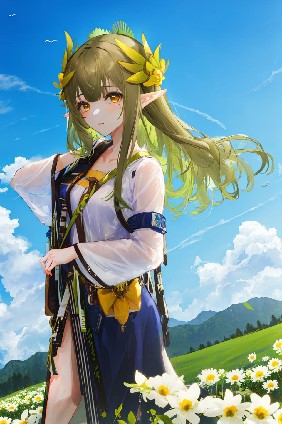 masterpiece, best quality, 1girl, landscape, panorama, overlook,(distant view),blurry foreground,wind, Mumu, long hair, brown hair AND green hair, pointy ears, yellow eyes, hair ornament, mole under eye, small breasts, collarbone, bangs, military uniform, facing viewer, convenient arm, Hanukkah, pillarboxed, daisy, flower field, <lora:Muelsyse_v1.4-000006:1:CHARACTER> <lora:style_AGM:1>