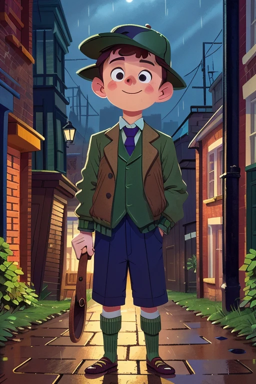 kid sherlock holmes standing in a london alley at night, hat, looking up, heavy rain, puddles <lora:COOLKIDS_V2:1>