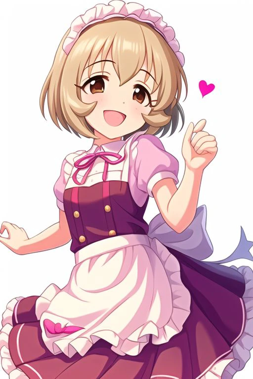 Koga Koharu,
1girl, apron, blush, brown eyes, brown hair, dot nose, dress, frilled apron, frilled dress, frills, headdress, heart, looking at viewer, open mouth, pink dress, purple ribbon, ribbon, scrunchie, short hair, short sleeves, simple background, smile, solo, white apron, white background
<lora:u149-v3.1:1>