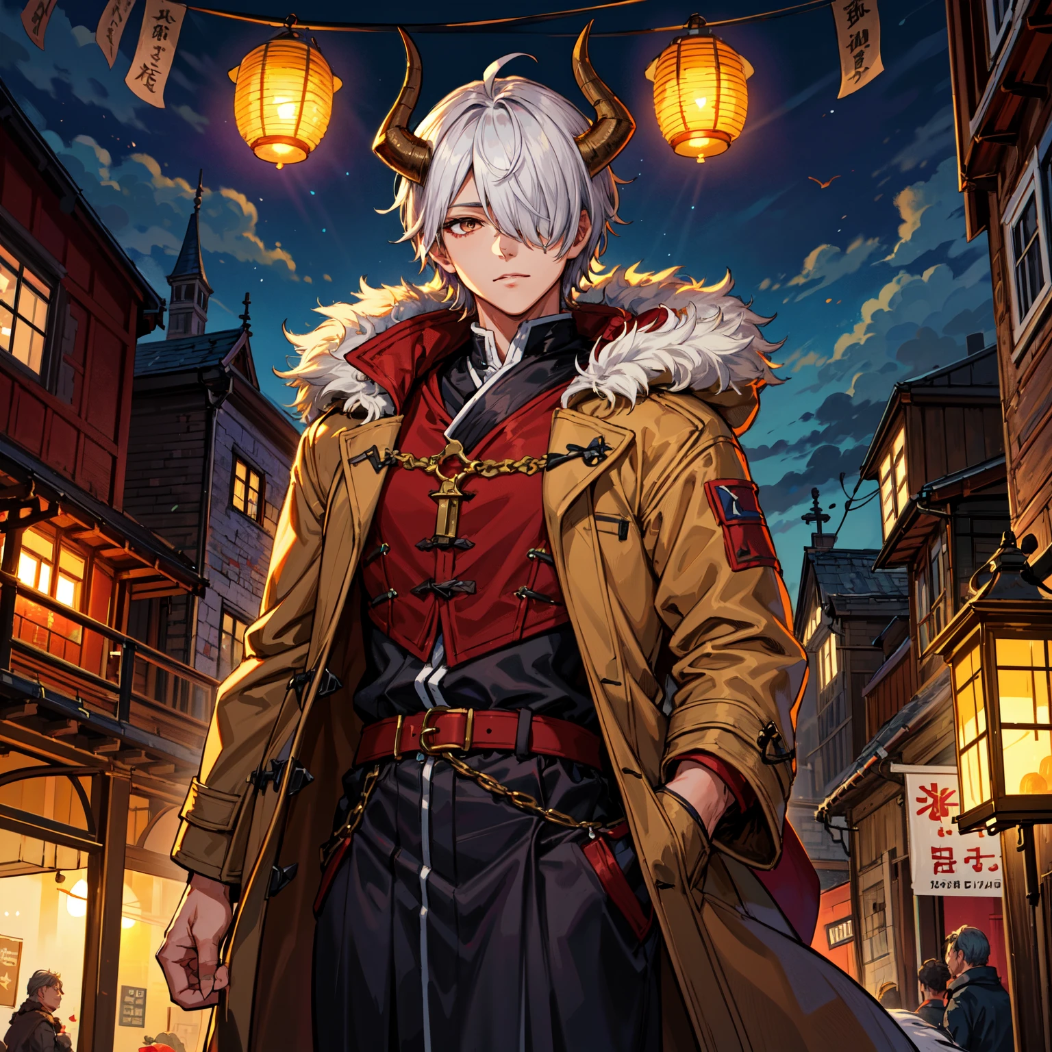 masterpiece, best quality, (1boy), (bishonen:1.2), handsome, older, (male focus:1.3), solo, white hair, messy hair, horns, looking at viewer, brown eyes, hair over one eye, fur coat, coat, fur trim, goat horns, medieval cityscape, lanterns, oil lanterns, medieval houses, fantasy, short hair