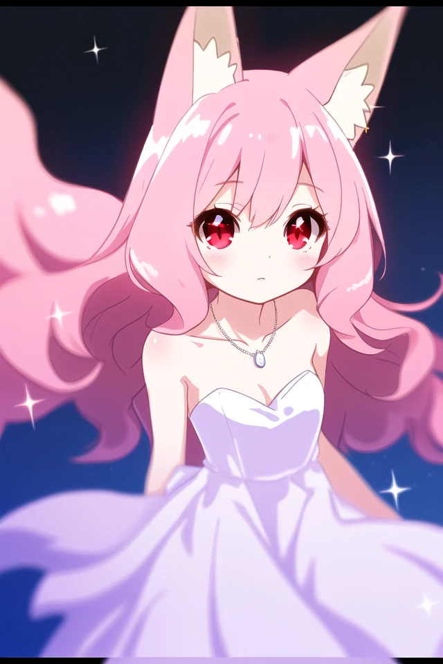 Fox ears,Pink hair,1 Loli,sparkle Red eyes,Long hair,white chiffon strapless dress,wavy_hair,necklace,cinematic angle,glowing light,depthoffield,bashfulness,