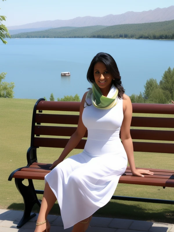 desigirl:0.4 dressed in a long white dress, scarf, clear face, sitting on a park bench, lake in background