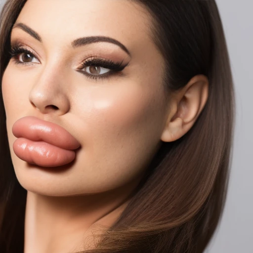 female model, close up shot, photo studio white background biggerfakelips-16000