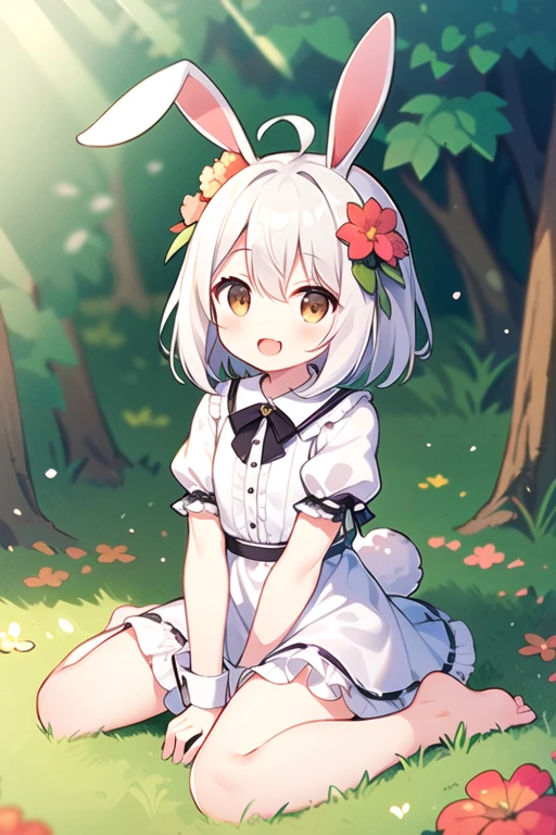 (masterpiece,best quality:1.5), 1girl, solo, solo focus, (animal ears, rabbit ears), barefoot, knees up, dress, sitting, short sleeves, looking at viewer, grass, short hair, smile, white hair, puffy sleeves, outdoors, puffy short sleeves, bangs, on ground, full body, animal, sunlight, brown eyes, dappled sunlight, day, depth of field, open mouth, (flower, hair flower), w, wariza, white dress,