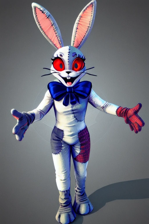 1girl, cute, <lora:Fnaf_Vanny:1> , rabbit ears, red eyes, detailed eyes, patchwork costume, one red glove, blue bow, black pupils, open smile, bunny teeth,