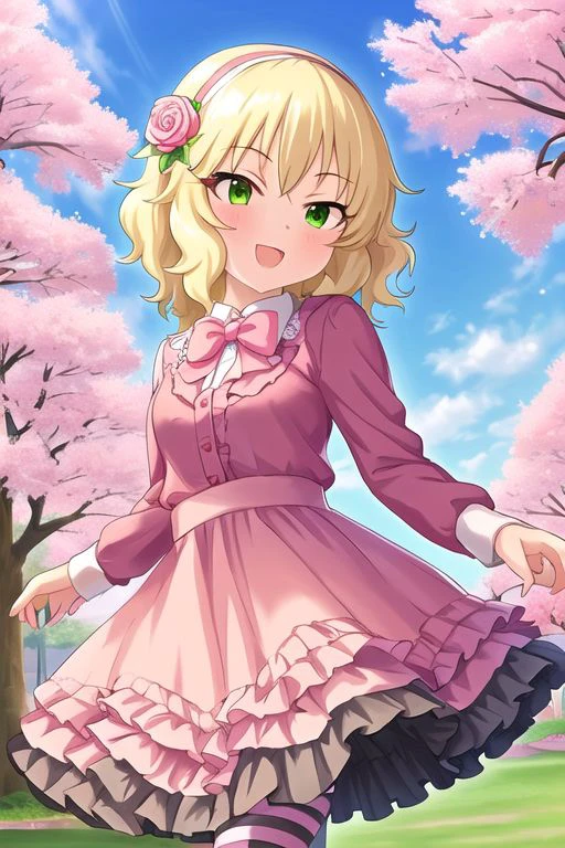 Sakurai Momoka,
1girl, black bow, black bowtie, blonde hair, blue sky, blush, bow, bowtie, cherry blossoms, day, dress, flower, frilled hairband, frills, green eyes, hair flower, hair ornament, hairband, looking at viewer, open mouth, outdoors, pink flower, pink rose, red dress, rose, short hair, sky, smile, solo, striped, striped thighhighs, thighhighs, tree, wavy hair
<lora:u149-v3.1:1>