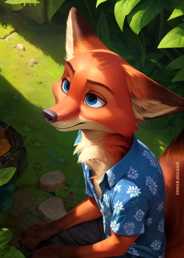 uploaded on e621, by Pixelsketcher, by Bayard Wu, by Thomas Benjamin Kennington , by Einshelm,
solo (((wildlife feral))) (((nick wilde))) with ((neck tuft)) and (fluffy tail) and ((clear navy blue eyes)), (( portrait)), BREAK, 
((wear green and blue hawaii floral shirt)), (detailed Chunie feral fox), (detailed Bonifasko lighting), (detailed fur), (detailed skin), BREAK, 
((sitting at community on full moon night)), (cinematic lighting), ((detailed background)), ((high-angle view)),
(((three-quarter view))), (half body shadow),
[backlighting], [crepuscular ray], [detailed ambient light], [gray natural lighting], [ambient light on the belly], (higher wildlife feral detail),
[realistic proportions], [explict content], [sharp focus], (questionable content), (shaded), ((masterpiece)), BREAK