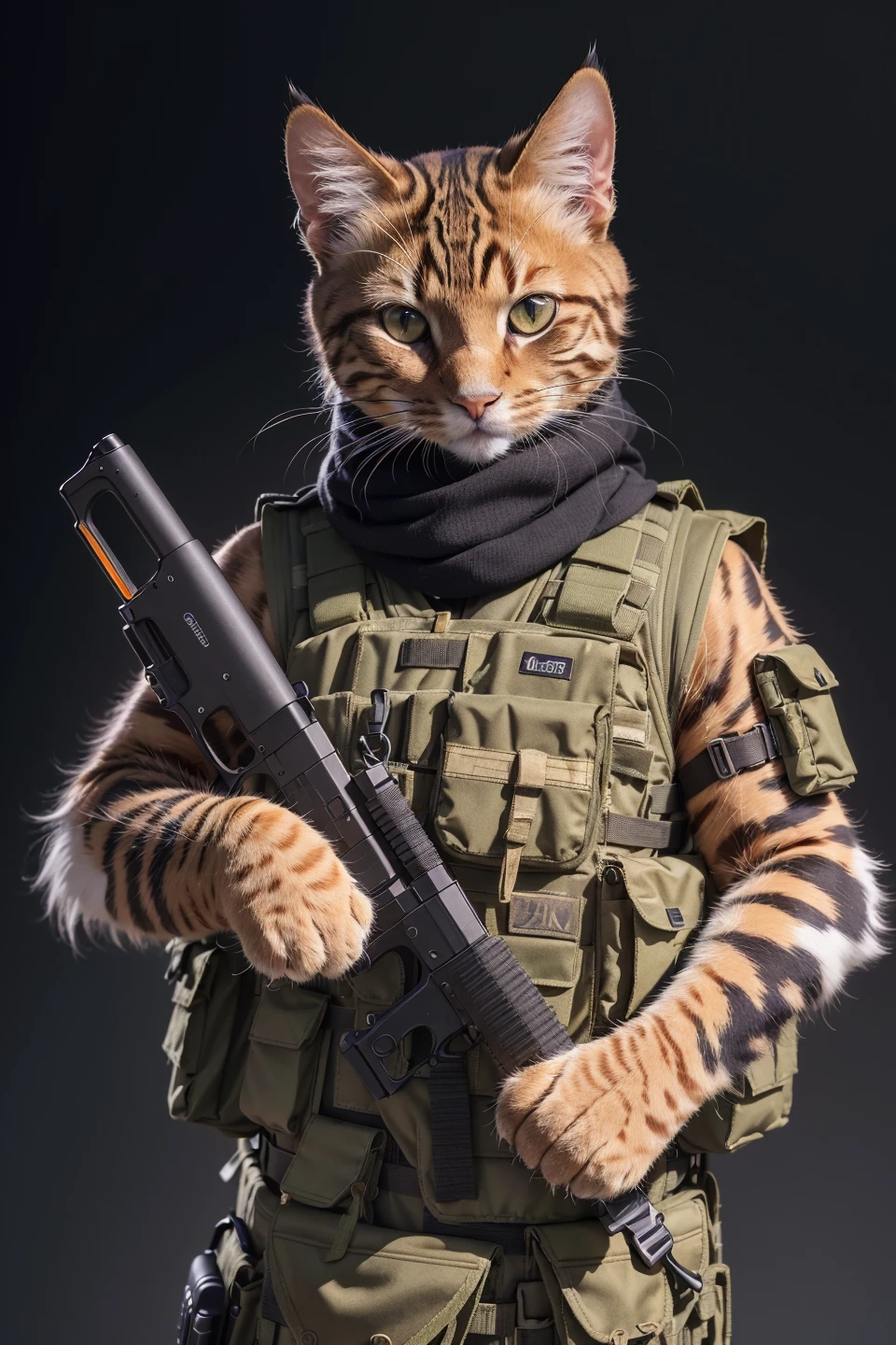 absurdres, (realistic:1.5), (masterpiece, Extremely detailed CG unity 8k wallpaper, best quality, highres:1.2), (ultra_detailed, UHD:1.2), perfect illumination, unreal engine, sidelighting, (dark background:1.4),
(cat:1.3), (tabby cat:1.2), (orange cat:1.2), (no humans:1.2), (furry:1.1), animal focus, animal, solo, standing, weapon, gun, rifle, assault rifle, gloves, holding, holding weapon, holding gun, military, whiskers, load bearing vest, pouch, holster, camouflage, bag, scarf, blurry background