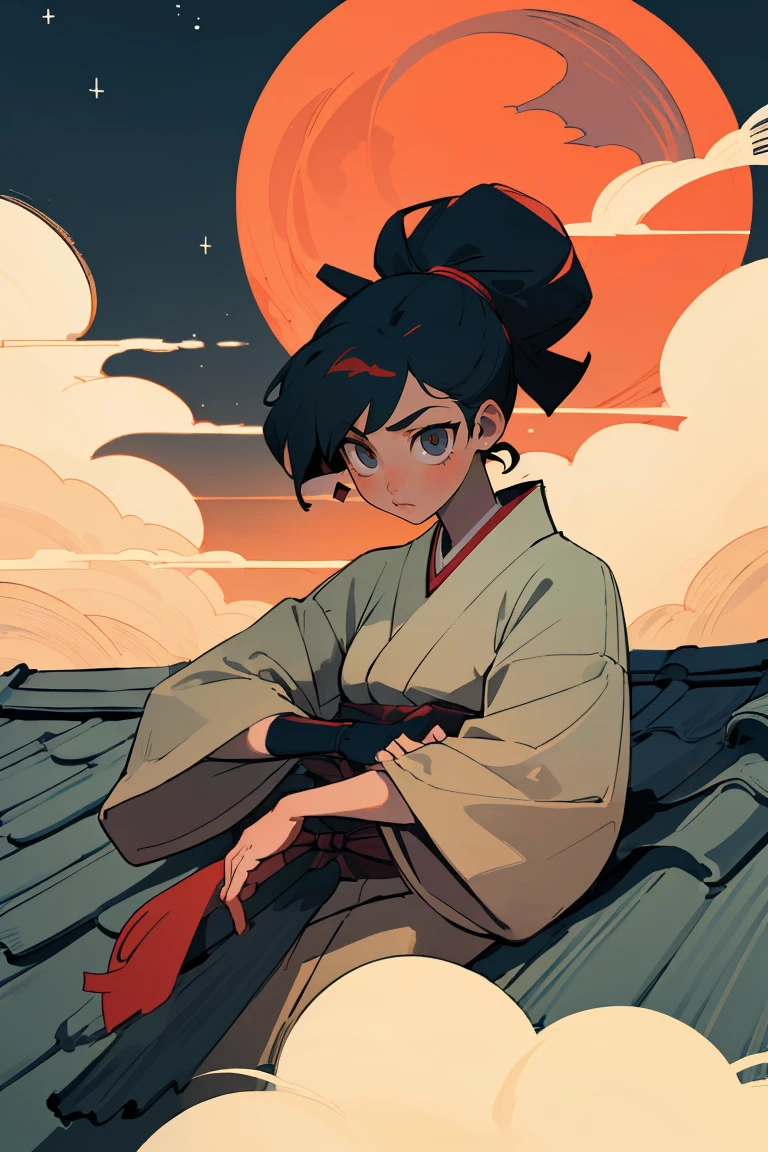 (best quality, masterpiece), 1girl, Japan, Ninja on a Rooftop, Moon, cloud, upper body, sitting