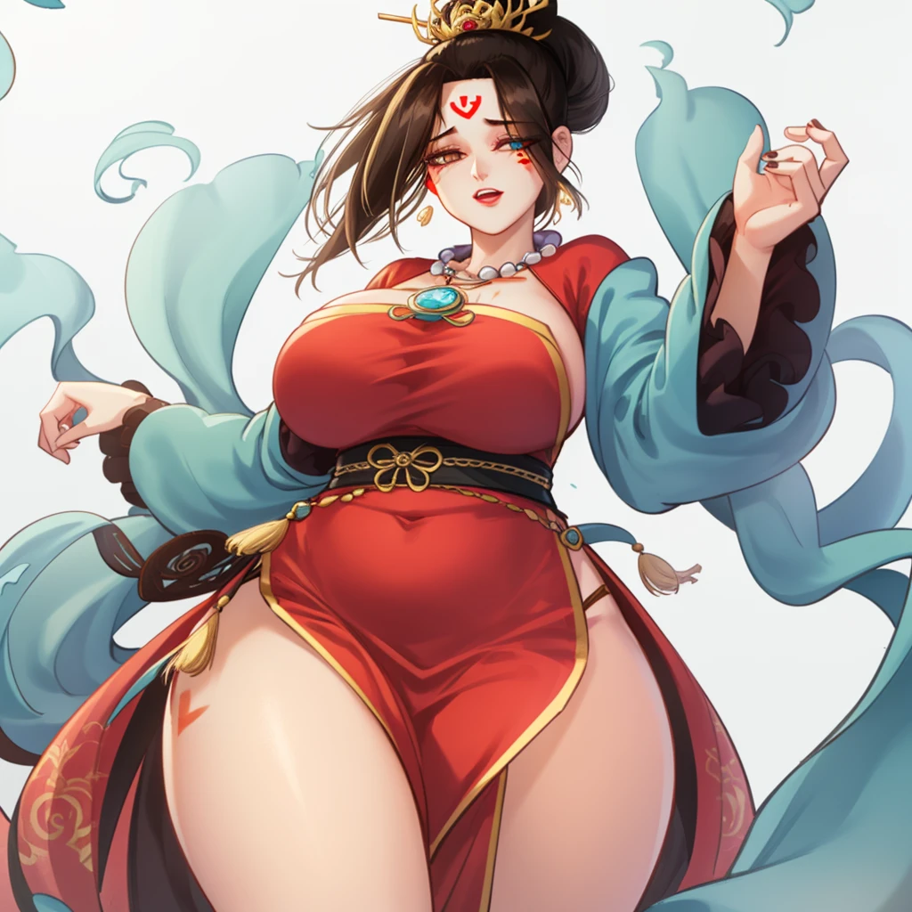 best quality,masterpiece,from_below,looking_at_viewer,looking_down,Master piece,extremely detailed CG unity 8k,cinemic lighting,
jiongfemale, 1girl, forehead mark, jewelry, solo, black hair, facial mark, necklace, dress, shawl, hagoromo, red dress, full body, earrings, hair ornament, chinese clothes, white background, long sleeves
cowboy shot,from below,from front,looking at viewer,shamare,jumping,dynamic pose,looking_at_viewer, huge_breasts, huge ass,curvy,thick thighs,
 <lora:dim32Nai30each_jiong-000001:0.8>