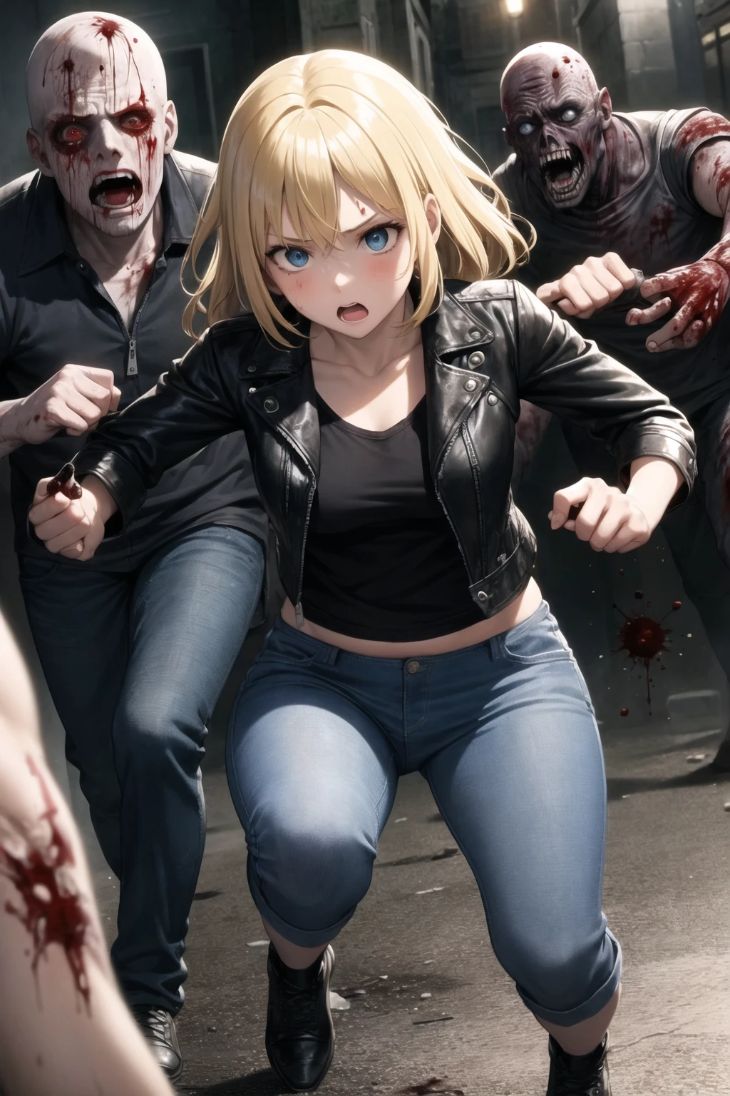 <lora:zombie_v1.3:1>
1girl, blonde hair, blue eyes, scared, :o, leather jacket, jeans,
multiple boys, zombie, motion blur, fighting stance, perspective, blood, horror \(theme\), rotting, grabbing,
fleeing, running towards viewer,, masterpiece, best quality, highly detailed