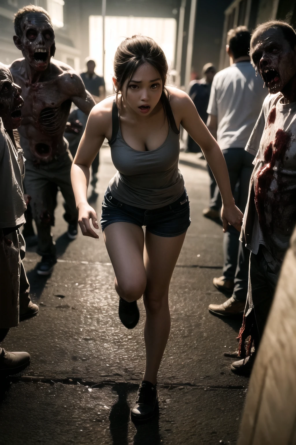 <lora:zombie_v1.3:1.1> 
1girl, multiple boys, (zombie), night, dark, scared, :o, shadow, night sky, backlighting, fleeing, motion, torn clothes, full body, depth of field, running towards viewer, horror, grabbing, shorts, perspective, 
(realistic:1.4), (pureerosface_v1:0.7) <lora:koreanDollLikeness_v15:0.2>,, masterpiece, best quality, highly detailed