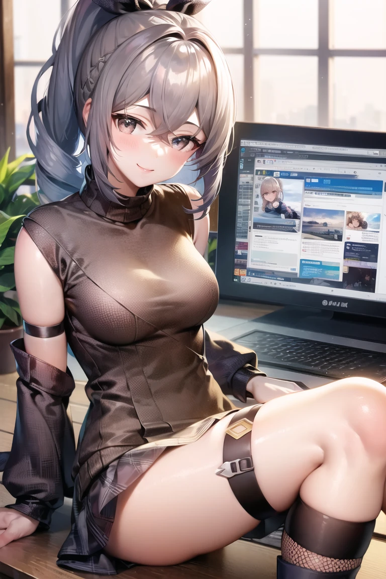 masterpiece, best quality, SilverWolfV4, 1girl, solo, looking at viewer, smile, hair between eyes, ponytail, ((brown sweater, black legwear, sleeves, sleeves past wrist)), indoors, chamber, computer, sitting