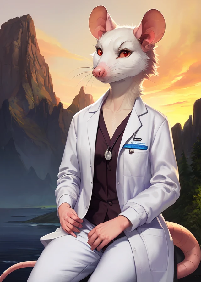 uploaded on e621, by Adelaherz, by Edouard Manet, by Stephan Martiniere , by NC Wyeth,
solo (((possum))) with ((white body)) and ((clear orange red eyes)), ((half-length portrait)), BREAK,
((((wear doctor's uniform, lab coat, pants)))),
(detailed Arthur Streeton feral rodent mouse), (detailed Bonifasko lighting), (detailed fur), (detailed skin), BREAK,
((sitting at mountains on noon)), (cinematic lighting), ((detailed background)), ((looking at viewer)),
(((front view))), (((angry))), (half body shadow), 
[backlighting], [crepuscular ray], [detailed ambient light], [gray natural lighting], [ambient light on the belly], (higher wildlife feral detail), 
[realistic proportions], [explict content], [sharp focus], (questionable content), (shaded), ((masterpiece)), BREAK