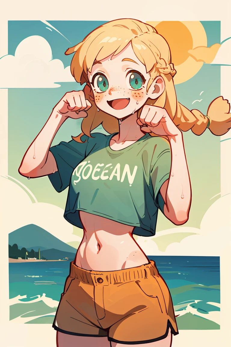 (best quality, masterpiece), 1girl, standing, upper body, blonde, long hair, braid, ocean, crop-top, shorts, wet, happy, freckles, paw pose, mountain, sun, cloud