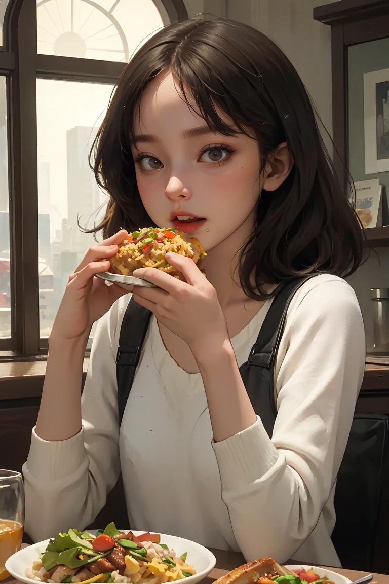 (best quality, masterpiece), 1girl, meal, eating,