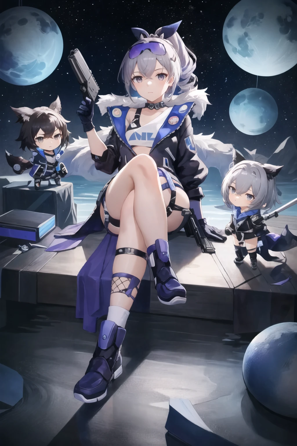 masterpiece, best quality, SilverWolfV4, 1girl, solo, looking at viewer, gloves, jacket, full body, weapon, shorts, black gloves, chibi, black jacket, gun, drill hair, black shorts, crossed legs, holding gun, bullpup