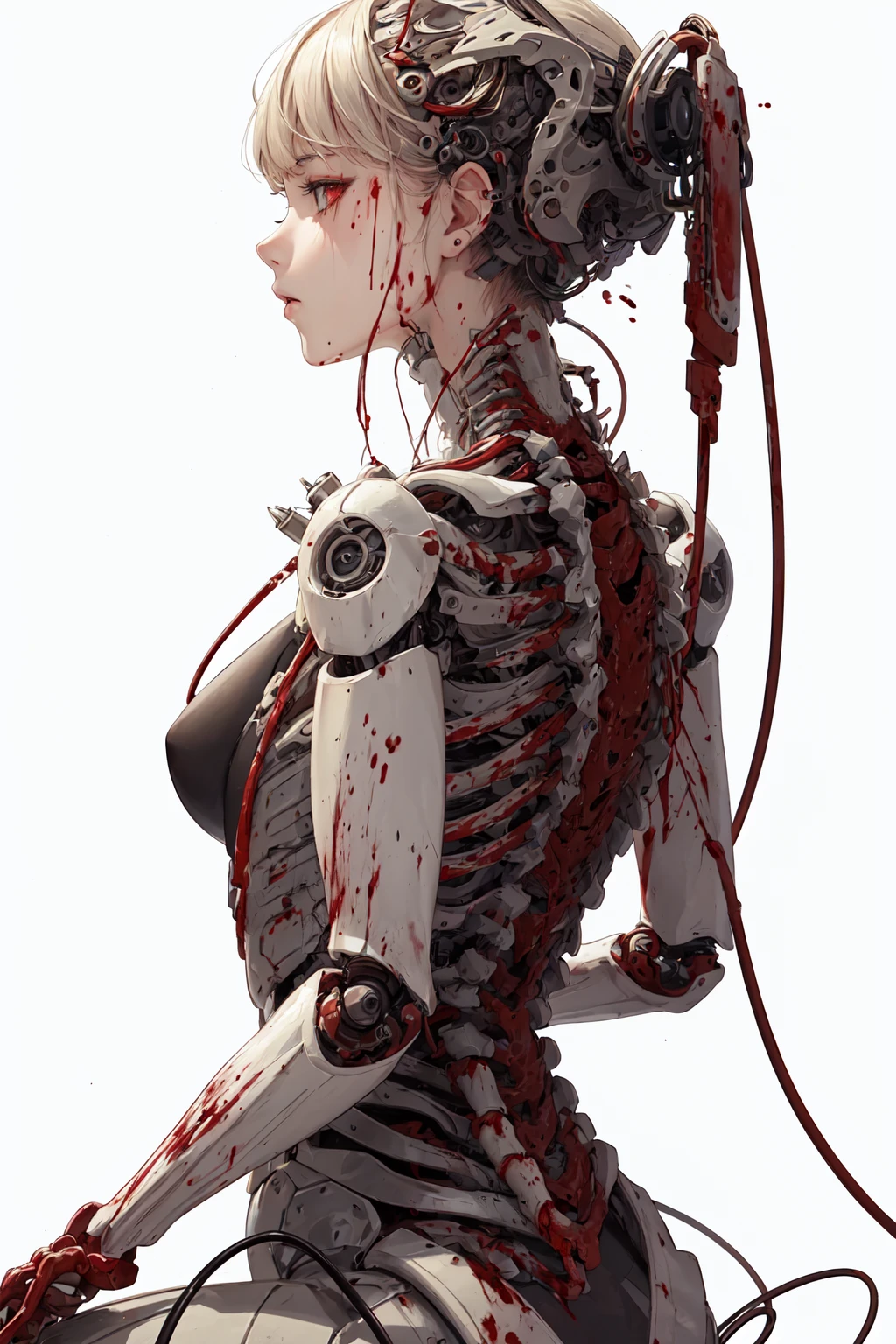 (masterpiece, top quality, best quality, official art, beautiful and aesthetic:1.2), (1woman:1.3), extreme detailed, colorful, highest detailed ((ultra-detailed)), (highly detailed CG illustration), ((an extremely delicate and beautiful)),cinematic light,((1mechanical woman)), solo, full body,((real breasts, real nipples)),(machine made joints:1.2),((mechanical limbs)),(blood vessels connected to tubes),(mechanical vertebra attaching to back),((mechanical cervical attaching to neck)),(fetal position),expressionless,(wires and cables attaching to neck:1.2),(wires and cables on head:1.2)(character focus),science fiction, creepy lab background,(blood:1.5)