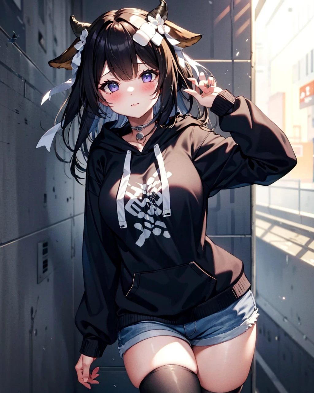 large breasts, 1girl,solo,, blush, kashino, <lora:KashinoV2:1>, black hair,standing,cowboy shot,hoodie