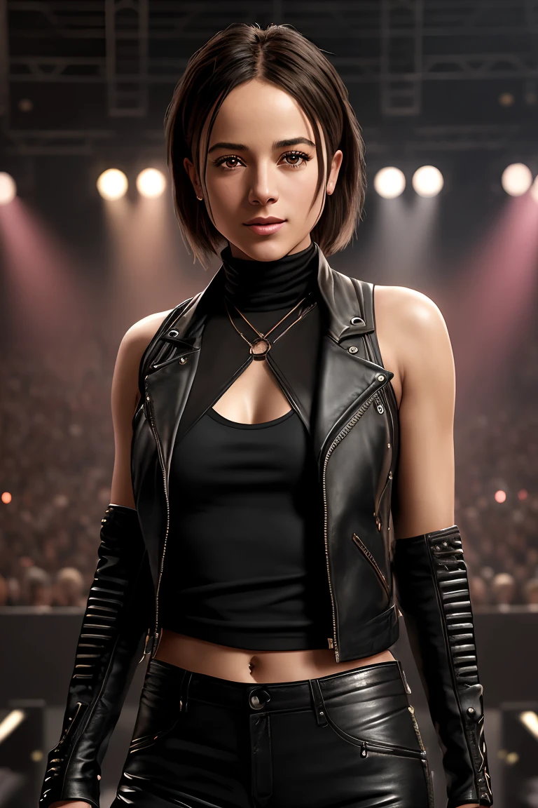 photo of (alizjacot:0.99), a woman (looking at viewer), as a rock singer, modelshoot style, (extremely detailed CG unity 8k wallpaper), photo of the most beautiful artwork in the world, professional majestic oil painting by Ed Blinkey, Atey Ghailan, Studio Ghibli, by Jeremy Mann, Greg Manchess, Antonio Moro, trending on ArtStation, trending on CGSociety, Intricate, High Detail, Sharp focus, dramatic, photorealistic painting art by midjourney and greg rutkowski, (black leather jacket), (sexy tank top), ((singing with a microphone)), (trousers), ((rock band)), ((in a crowded arena)), (looking at viewer), (detailed pupils:1.3), (modern outfit:1.2), (closeup)