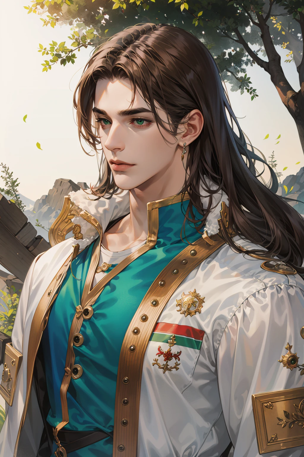 (absurdres, highres, ultra detailed), (1 male, solo, adult, mature, aged up, tall muscular guy, broad shoulders, handsome), wavy brown hair, green eyes, (angular jaw, thick neck, thick eyebrows), BREAK, forest, fantasy, Uniform, extremely detailed face, upper body, <lora:handsome_male-02:0.7:0,0,0,0,0,0,0,0,0,1,0,0,0,0,0,0,0>