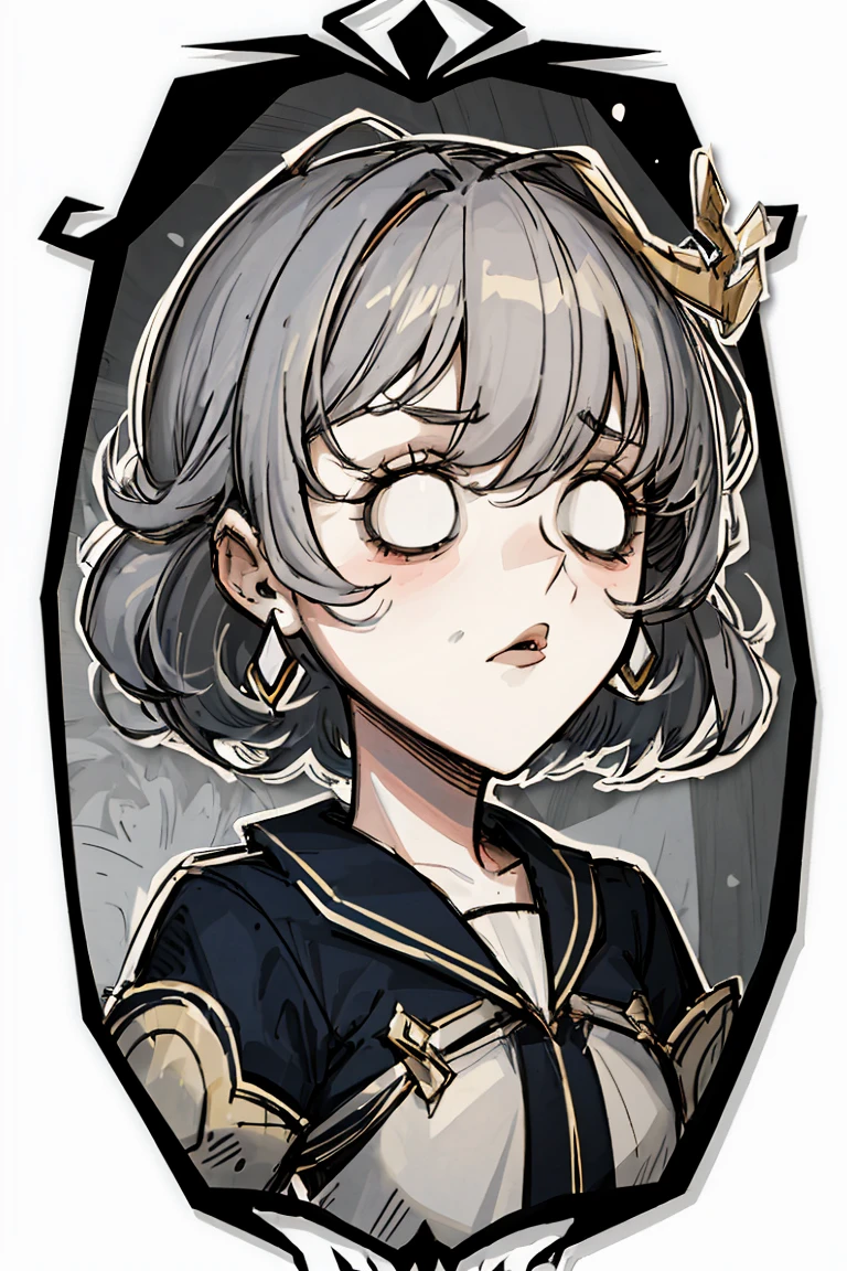 best quality, masterpiece, girl, worried, blank eyes, grey hair, (slightly open mouth:0.6), earring, short hair, upper body, light, stage, simple background <lora:DST_v1-08:0.9>
