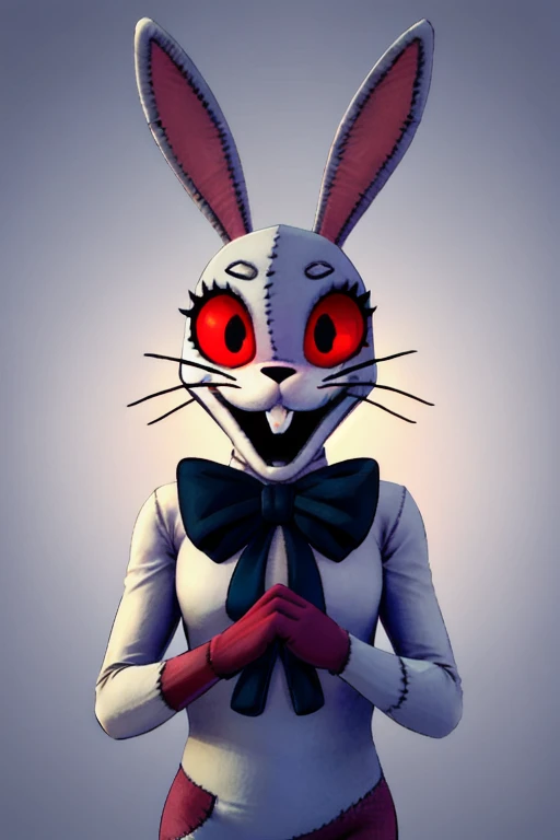 1girl, cute, <lora:Fnaf_Vanny:1> , rabbit ears, red eyes, detailed eyes, patchwork costume, one red glove, blue bow, black pupils, open smile, bunny teeth,