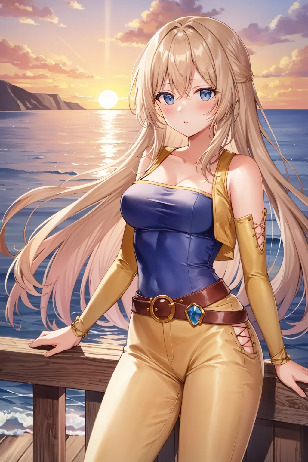 masterpiece, best quality, celes chere, yellow vest, detached sleeves, blue shirt, belt, yellow pants, standing, on a wooden ship, ocean, sunset, looking at viewer, blush <lora:celes-nvwls-v2-000012:0.9>