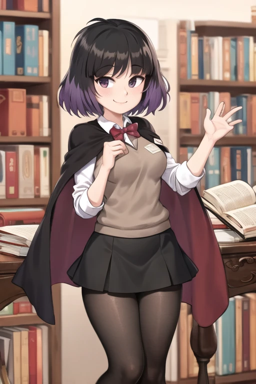 <lora:KaisaLora-10:0.7>, Kaisa, cape, white shirt, grey sweater vest, black skirt, pantyhose, smile, library bookshelf