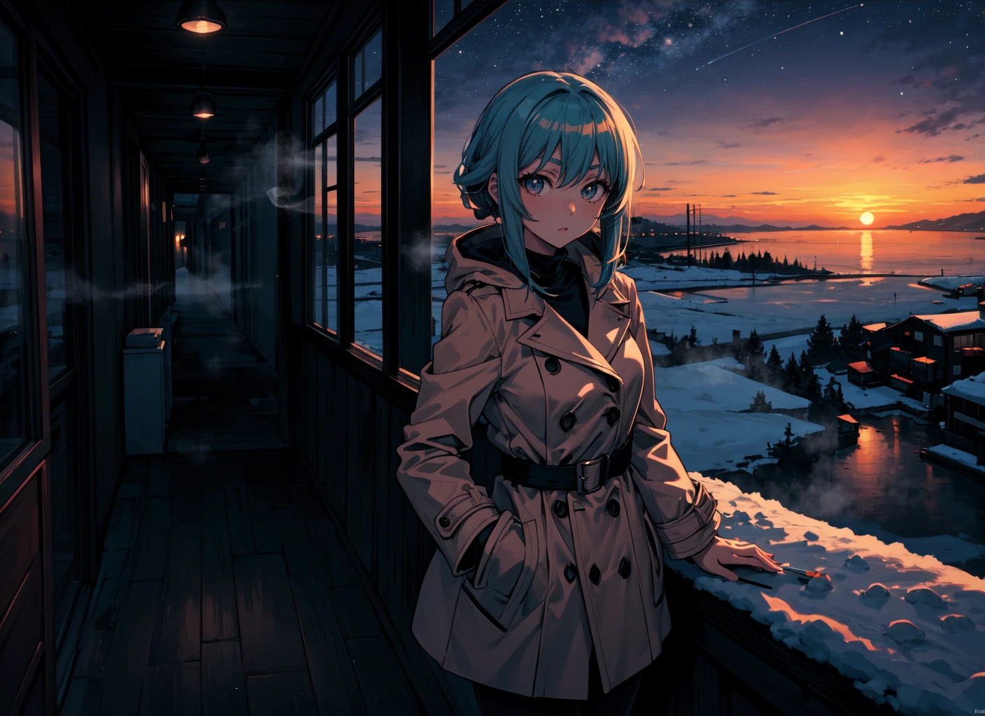 anime girl, (petite:1.3), looking at viewer, night sky, bay, sunset, coat, snow, large breasts, fog, masterpiece, best quality, cigarette,