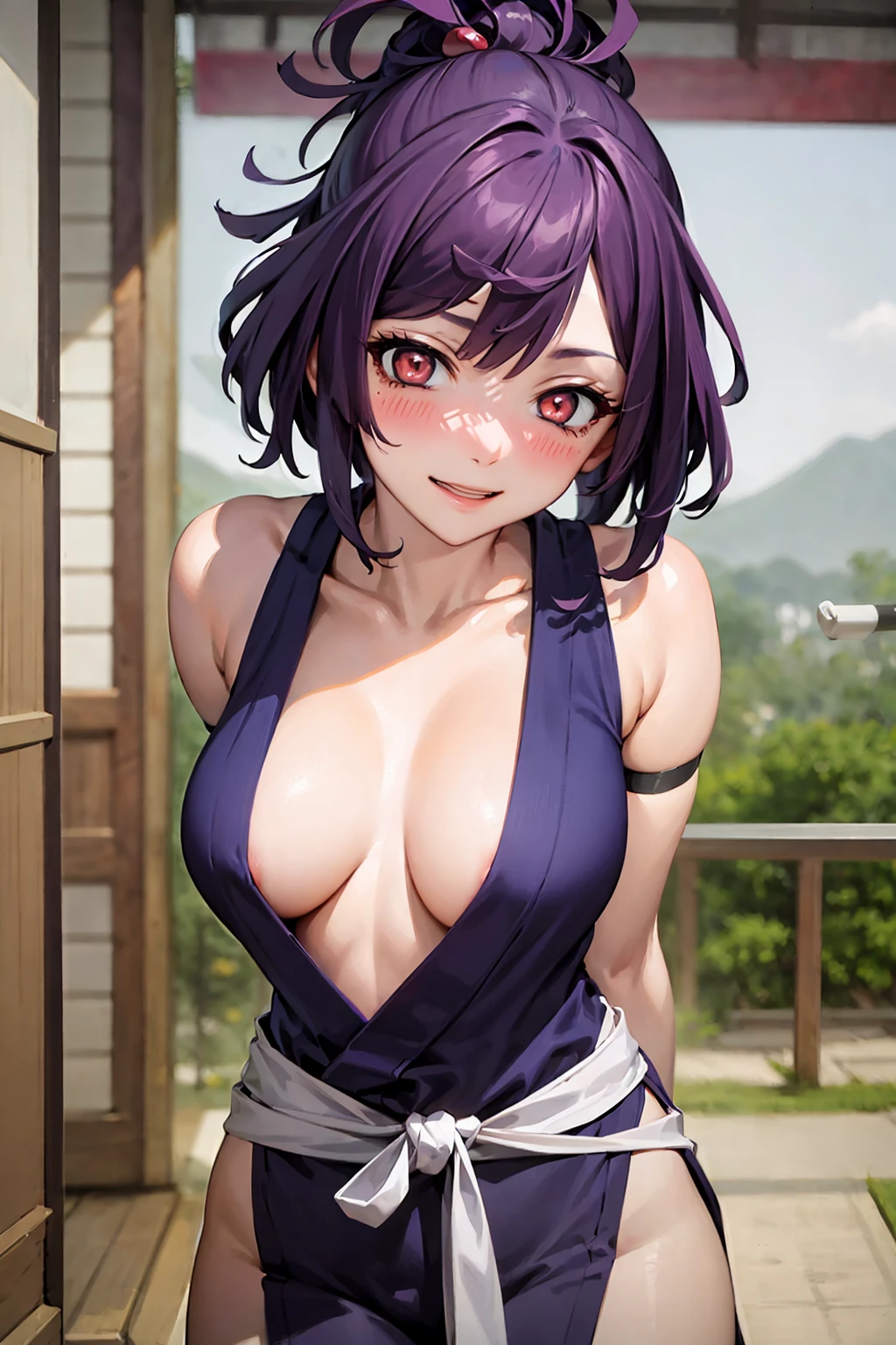 best quality, masterpiece, (leaning over:1.2), 
1girl, yuzuriha_(jigokuraku), purple hair, brown eyes, ninja, open clothes, cleavage, small breasts, topknot, medium hair, breasts apart, seductive smile, (blush:1.1),  japanese exterior, temple, sengoku period town, town, 
 <lora:Kizuki - Jigokuraku - Yuzuriha:0.85>