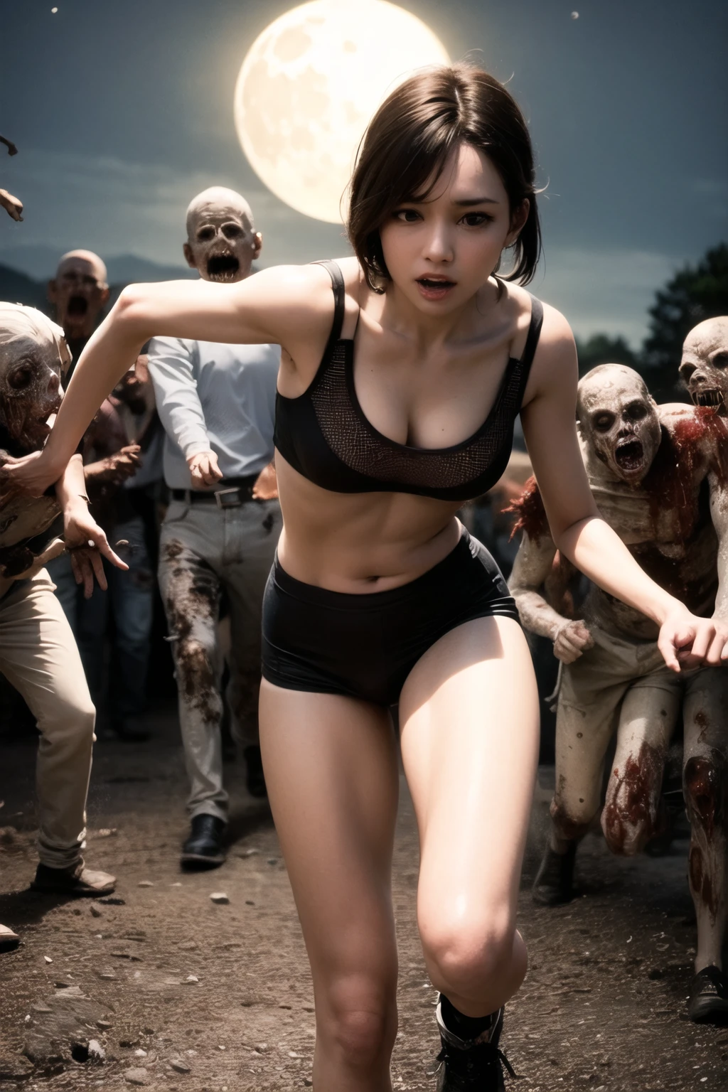 photorealistic, ((masterpiece)), ((best quality)), ((ultra-quality)), ((ultra-detailliert)), 1girl in, Solo, (Cute girl in the Japan of 18 years old), Perfect Anatomy, perfect hand, Beautiful body, (((Beautiful fece))), Tattered torn clothes, (exposed small breasts cute girl, exposed nipples cute girl), longwavy hair, With a look of fear and worry and sadness, ((perfect detailed eyes)), Fog and rain outside, evening, bio luminescent, light Particle, ((8K Wallpapers)), ((Cinematic lighting, Top quality lights)), intricate detailes, suave, Very beautiful and aesthetic, octan render, full-length portrait, Damp skin, ((perfect detailed body)), (Cute girl chased by a horrible zombie group), (Cute girl running away from zombies in Shibuya), (((Zombie Background, A horrifying and terrifying crowd of zombies watching her))), captured through a telephoto lens, cowboy shot, the whole picture