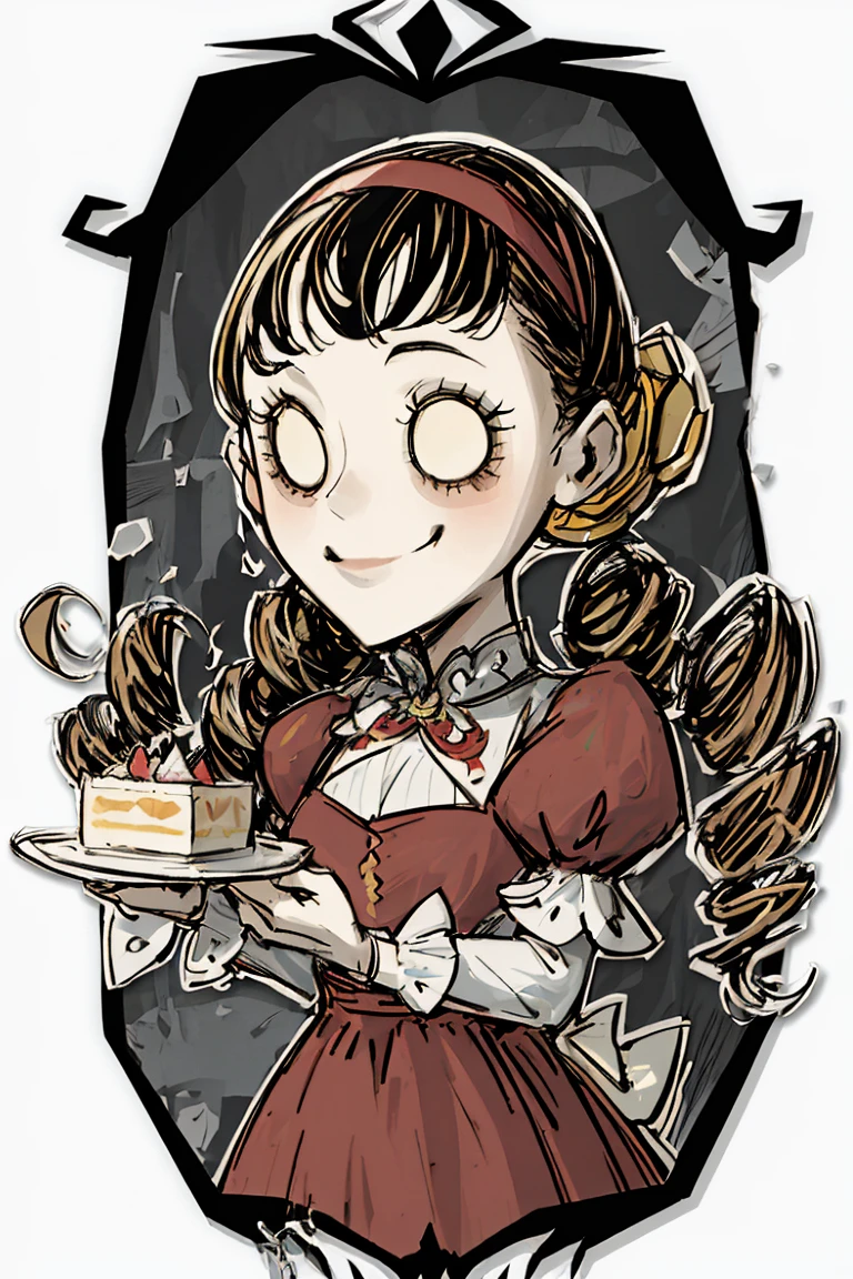 best quality, masterpiece, 1girl, solo, smile, dress, drill hair, yellow eyes, hairband, black hair, red dress, puffy sleeves, long hair, holding cake, simple background <lora:DST_v1-08:1>