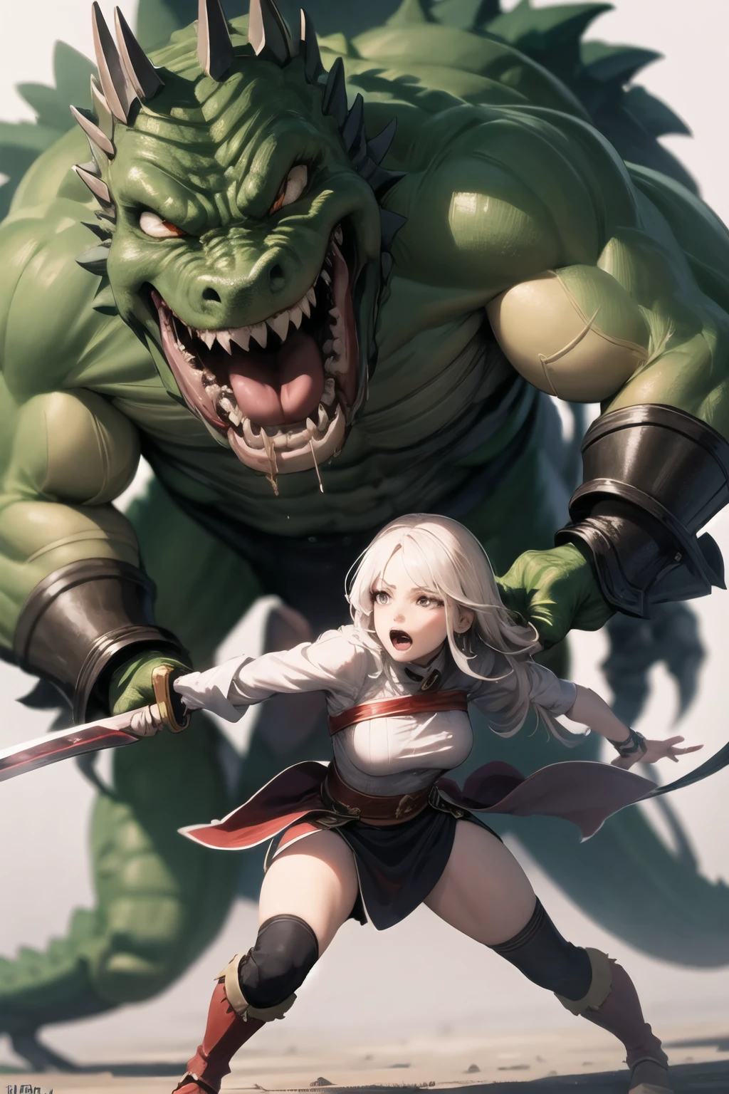 <lora:lizardman_v0.1c:1.0>
1girl, 1boy, lizardman, fight, warrior, motion lines, motion blur, holding sword, hitting, attack, open mouth, sharp teeth, screaming,, masterpiece, best quality, highly detailed