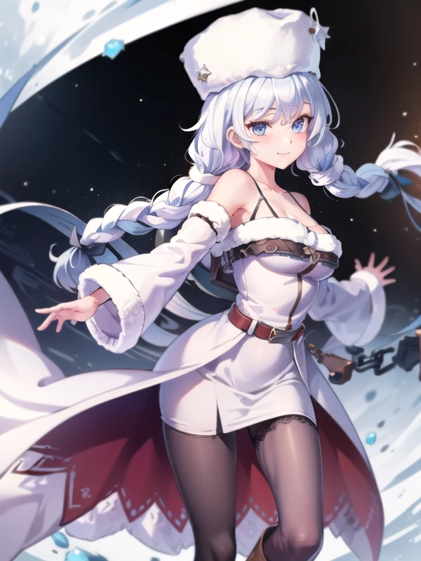 (hyper extreme detailed),(masterpeace),(hyper extreme),(photorealistic),CG,(colour:1.1), beautiful lighting,light from the front,solo,1girl,white background, <lora:avrora:0.9>,avrora,white hair,bluy eyes,Cossack hat,sleeve,white dress,black pantyhose,belt,long boots,