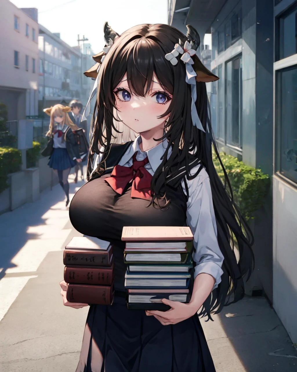 1girl,solo,large breasts, carried breast rest, carrying, book stack,  <lora:CarriedBreastRestV1:1>,school uniform, black hair,kashino, <lora:KashinoV2:1>