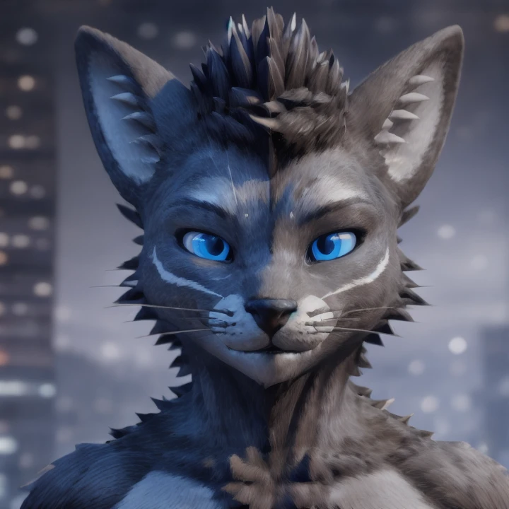 rexouium male ((((close up face portrait)))), blue eyes, red glowing emission patterns on the furs, (black furs and ears), (((spiky wavy hairs, strong rim light, city blurry background))), ESAO, unreal engine 5 quality render, a 3D render, ultra realistic furs, realistic lighs, ultra detailed, <lora:gachaSplashLORA_gachaSplash31:1> purukogi_anime <lora:rexouium_v1:0.7> <lora:bulkedupAI_bulkedupAIR1:0.4>
