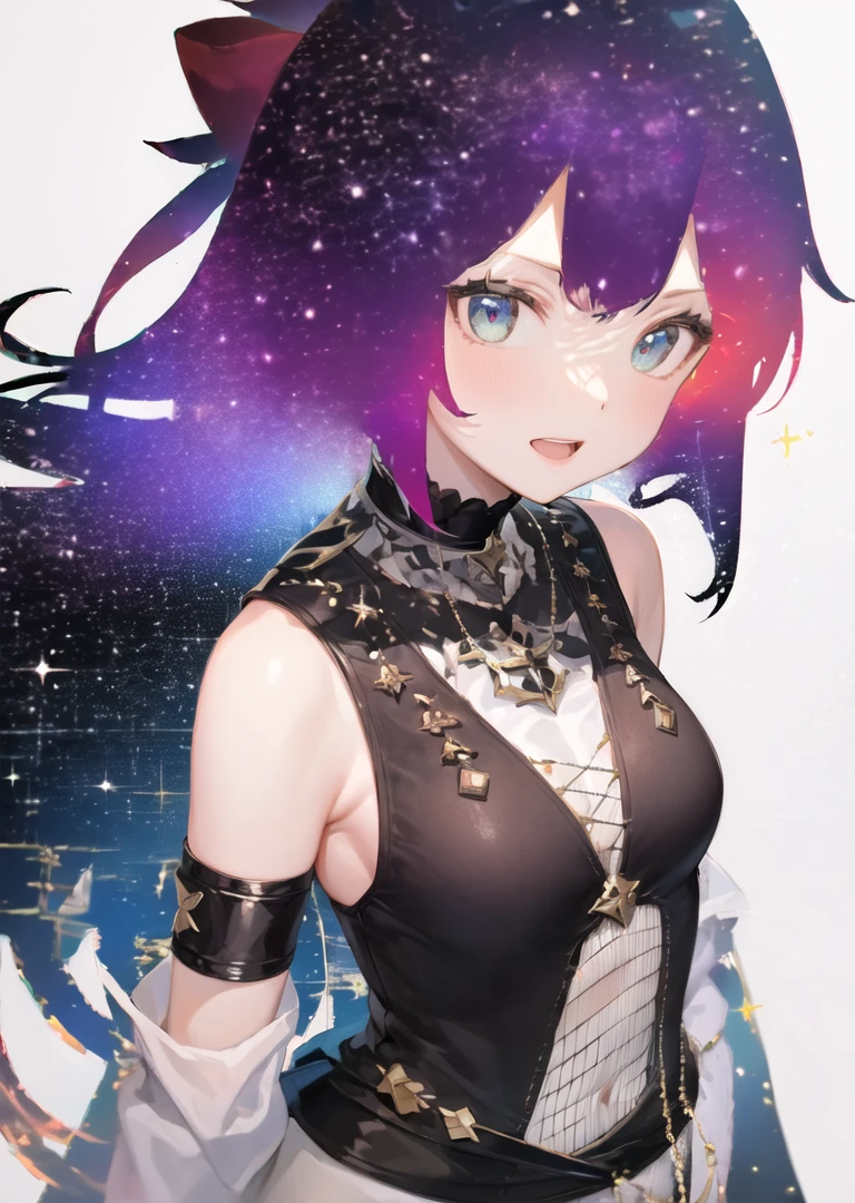 1girl, (white background:1.9), (galaxy:1.3), upper body, long hair, red hair <lora:hair_with_scenery:1.2>