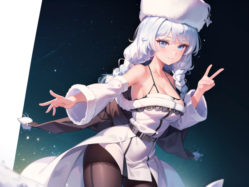 (hyper extreme detailed),(masterpeace),(hyper extreme),(photorealistic),CG,(colour:1.1), beautiful lighting,light from the front,solo,1girl,white background, <lora:avrora:0.9>,avrora,white hair,bluy eyes,Cossack hat,sleeve,white dress,black pantyhose,belt,long boots,