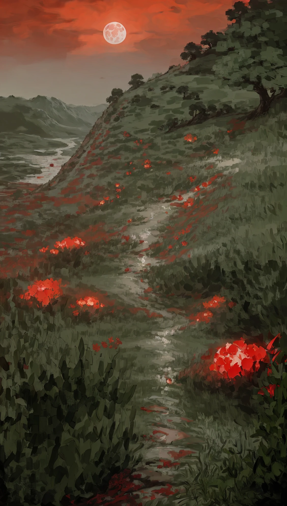 (masterpiece, best quality:1.4), cinematic light, colorful, high contrast, mountain, grass, tree, night, (horror (theme):1.2), (mon(masterpiece, best quality:1.4), (captivating digital art), cinematic lighting, colorful, high contrast, eerie mountain landscape, lush grass, twisted trees, night scene, (horror theme:1.2), (menacing monster:1.2) lurking in shadows, dark atmosphere, blood rain pouring down, blood-red river flowing, haunting blood moon in the sky, chilling and intense visual experiencester:1.2), dark, blood rain, blood river, blood moon, flowers, village and people