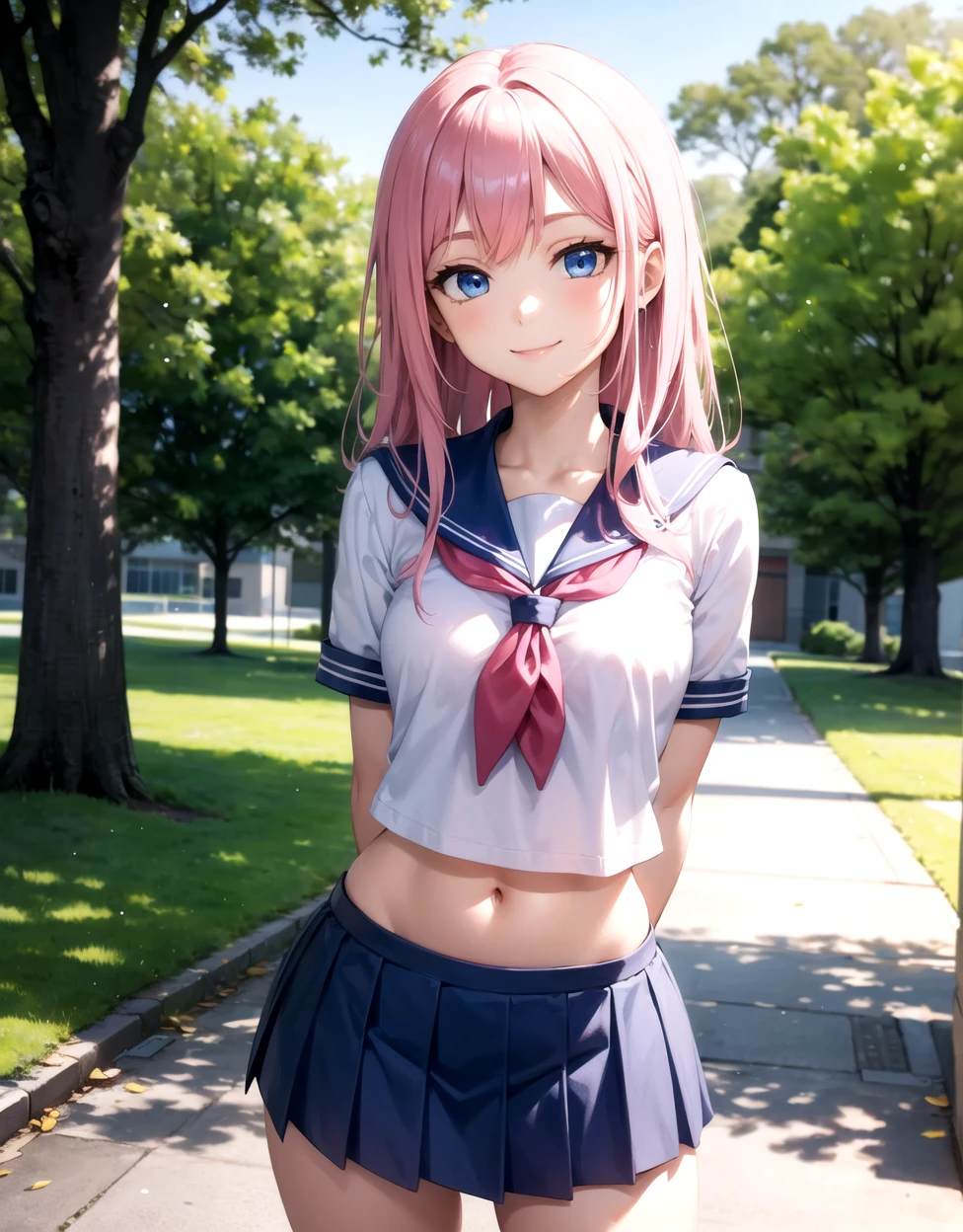 schoolgirl, pink hair, small breasts, (wide hips:1.2), standing, smile, school uniform, blue miniskirt, hands at sides, looking at viewer, outside, near tree, arms behind back, (road:0.6), pov, looking at viewer, facing viewer, perfect eyes, blue eyes